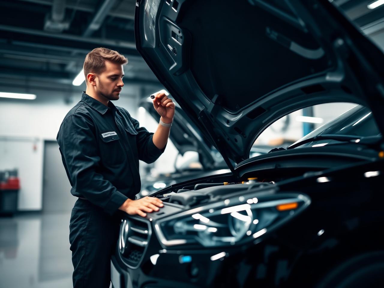 Technician inspecting a car engine before sale